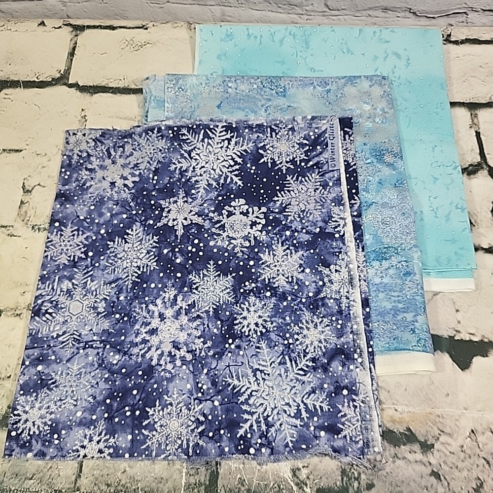 Vintage Fabric Blue Glitter Snowflake Lot Of 3pcs (42x18) (42x11) Quilting Craft